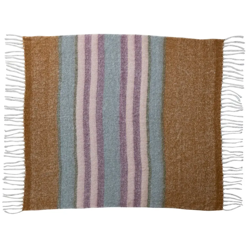 Brown & Blue Striped Brushed Acrylic & New Zealand Wool Throw Blanket - 50" X 60" 1