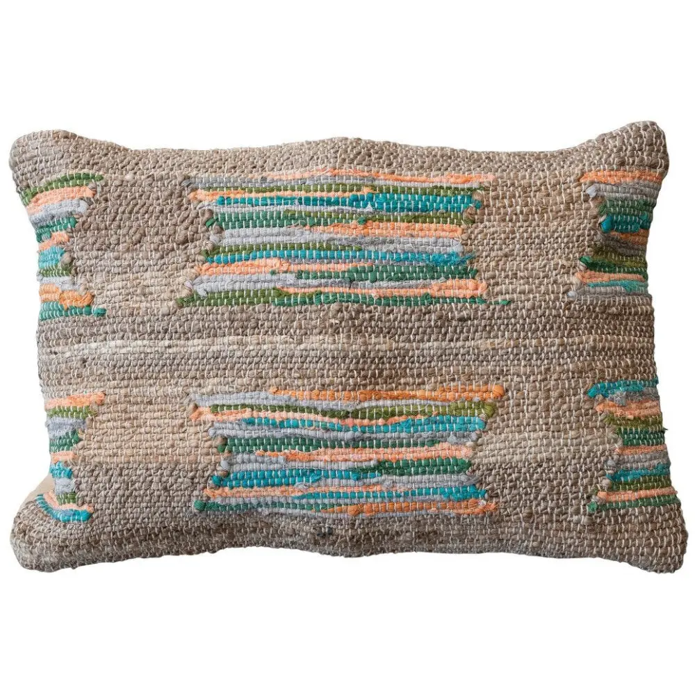 Hand-Woven Jute & Cotton Chindi Multicolored Lumbar Pillow - 16" X 24" 1