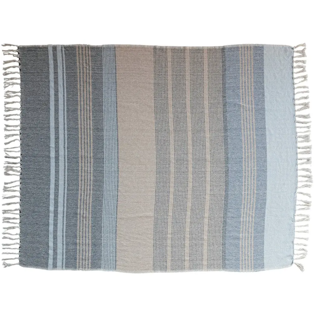 Blue & White Hues Frilled Striped Cotton Throw Blanket - 50" X 60" 1