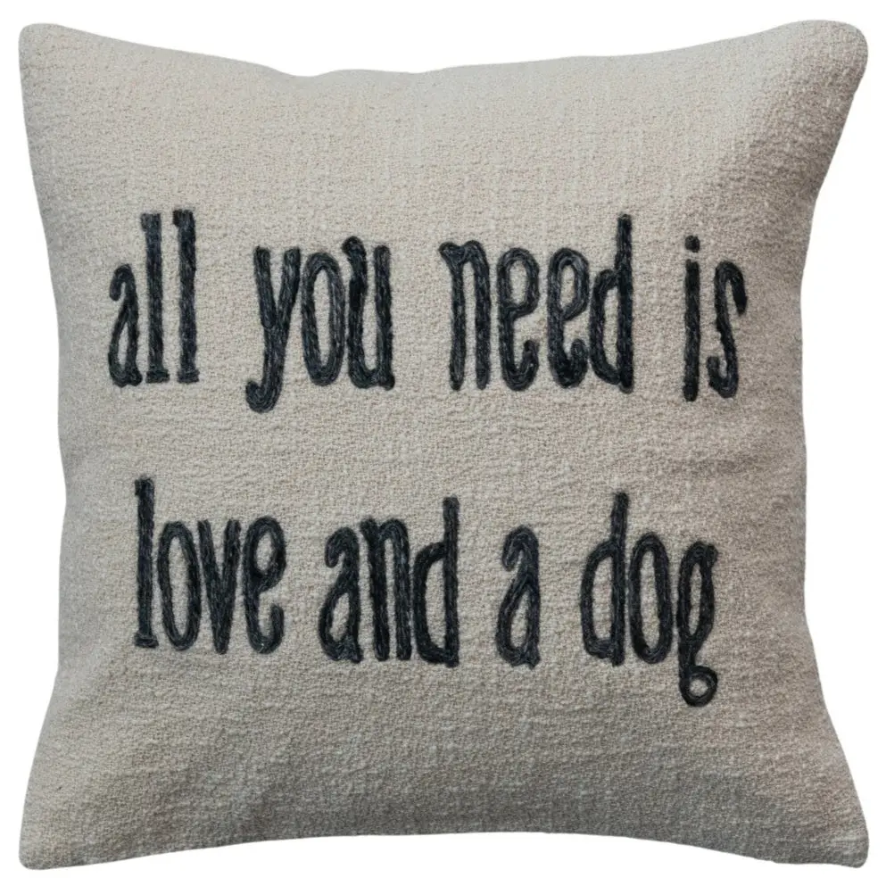 "All You Need Is Love & A Dog" Embroidered Cotton & Jute Pillow - 18" X 18" 1