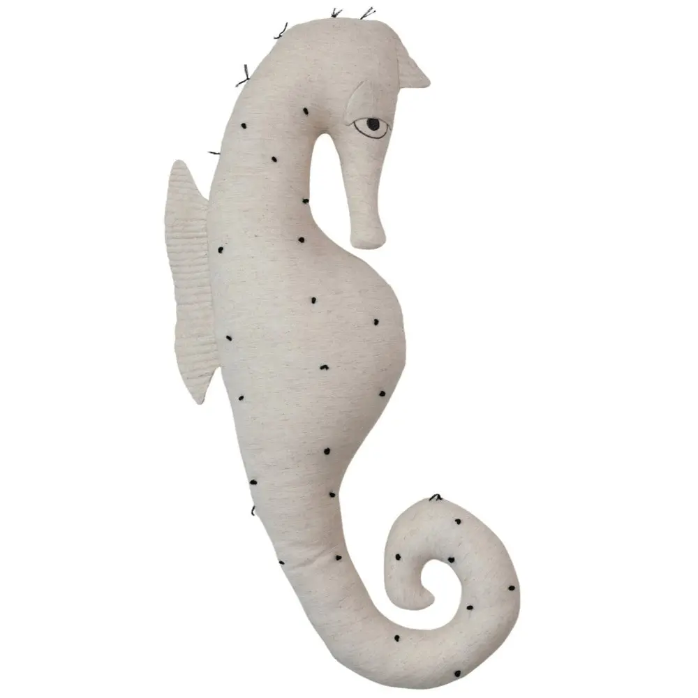 Seahorse-Shaped Natural Cotton & Linen Pillow W/ Embroidered Accents - 34" 1