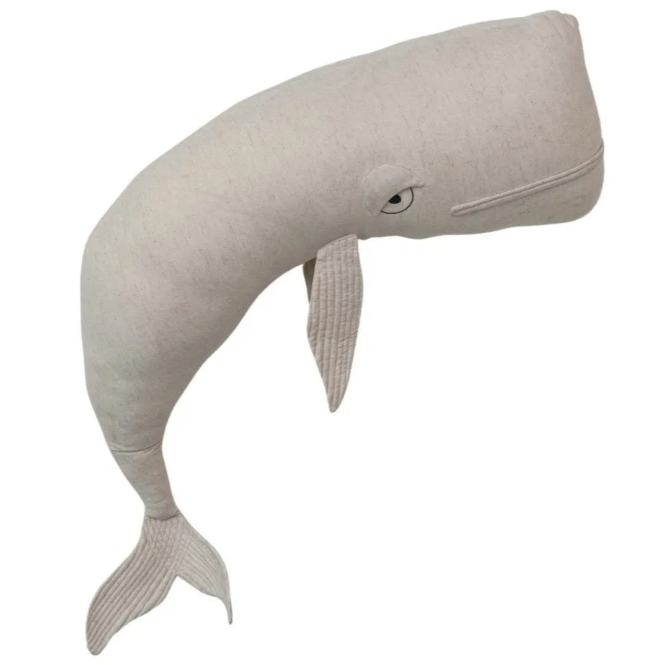 Whale-Shaped Natural Cotton & Linen Pillow W/ Embroidered Accents - 48" 1
