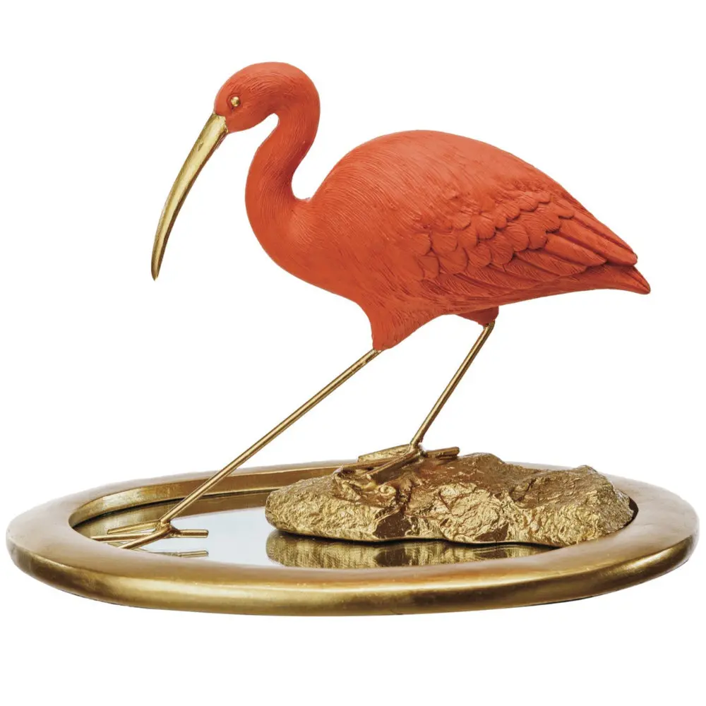 Resin Scarlet Ibis Figure On Mirrored Tray - 7" 1