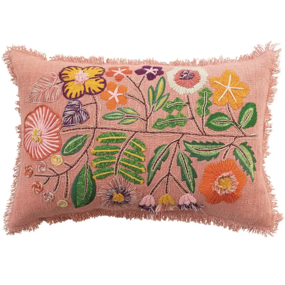 Embroidered Botanicals Multicolored Cotton Lumbar Pillow - 24" X 16" 1