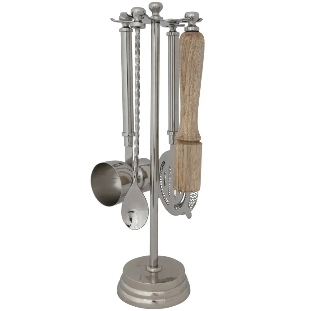 Stainless Steel Bartending Tools + Holder Set - 5 Pc. 1