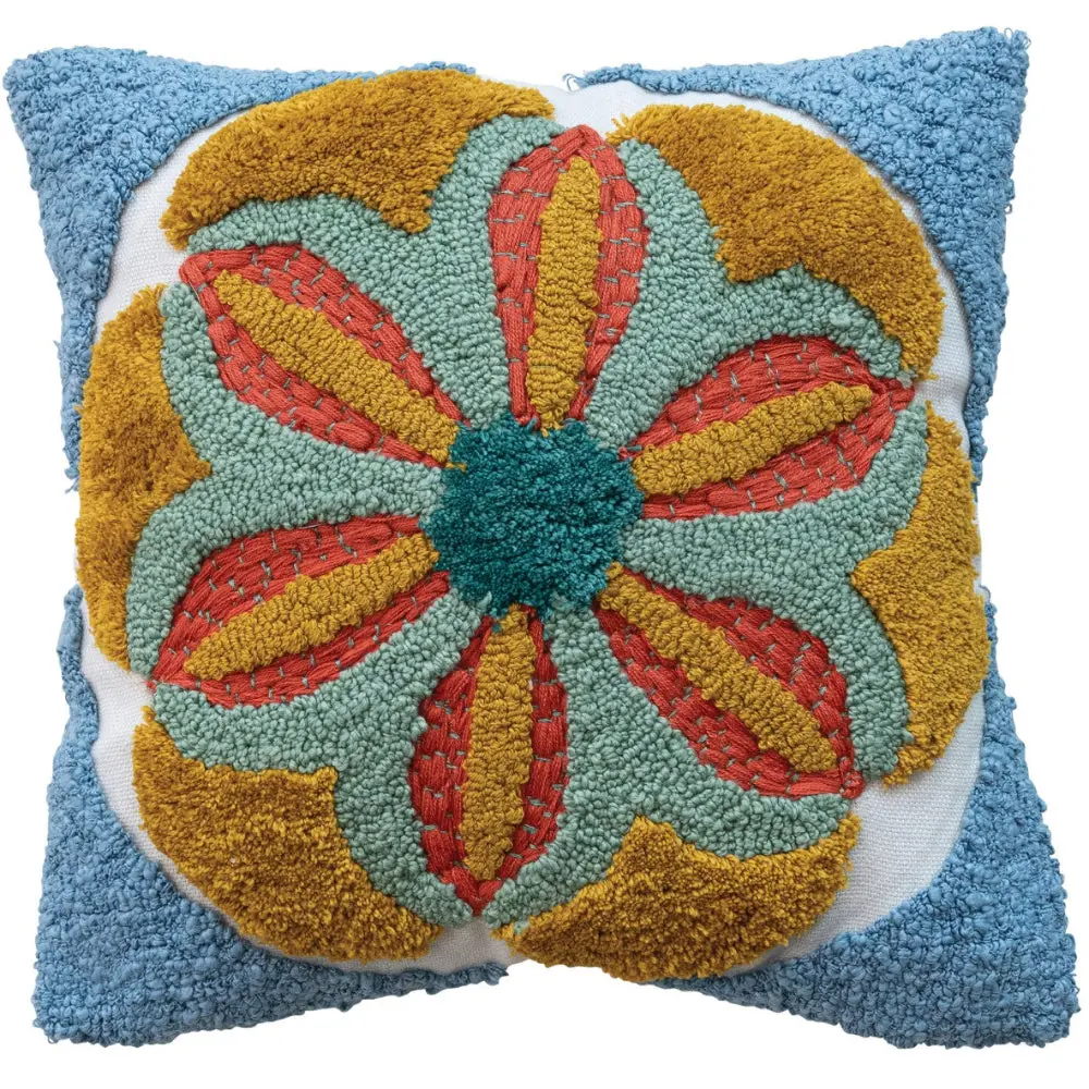 Tufted Cotton Pillow W/ Center Flower - 16" X 16" 1