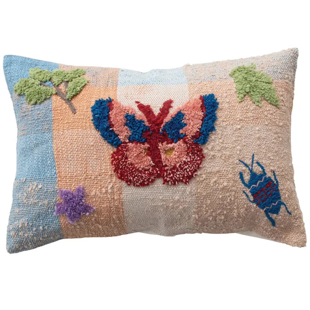 Multicolored Cotton Lumbar Pillow W/ Tufted Insects - 16" X 24" 1