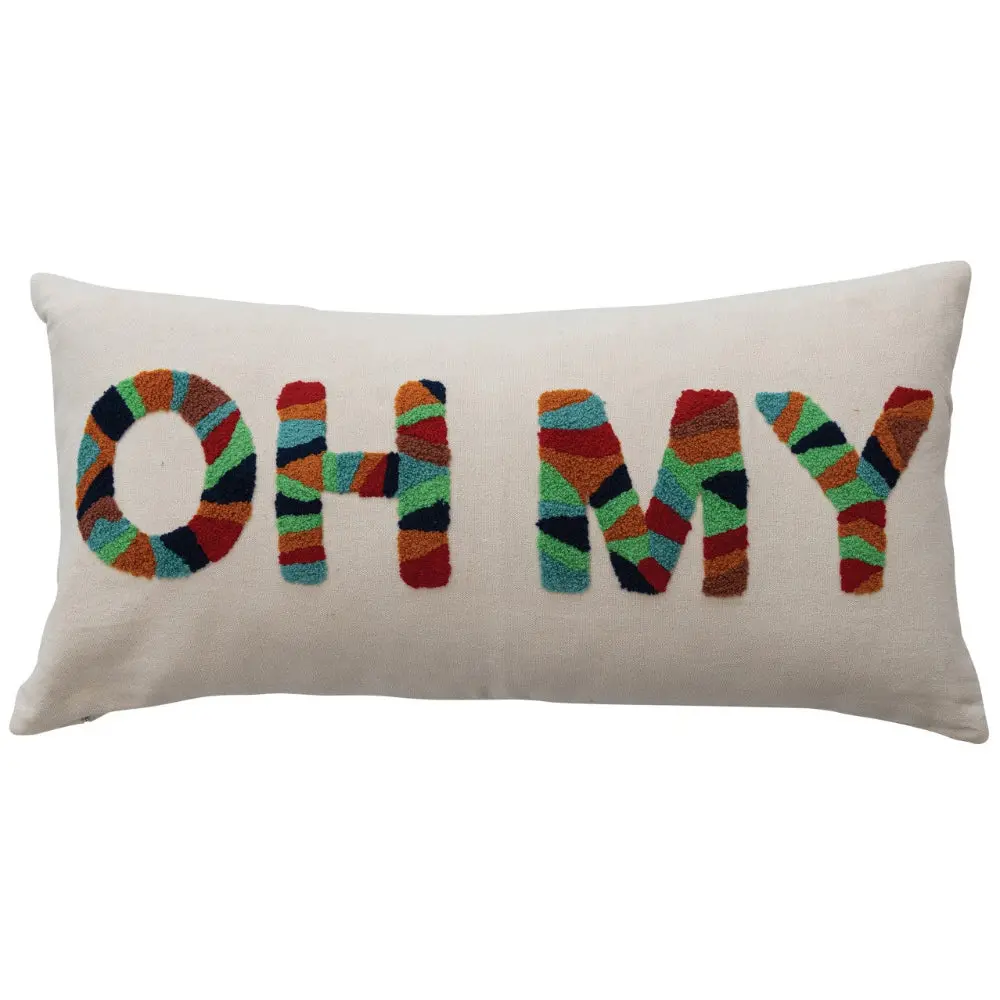 Tufted Cotton "Oh My" Embroidered Lumbar Pillow - 12" X 24" 1