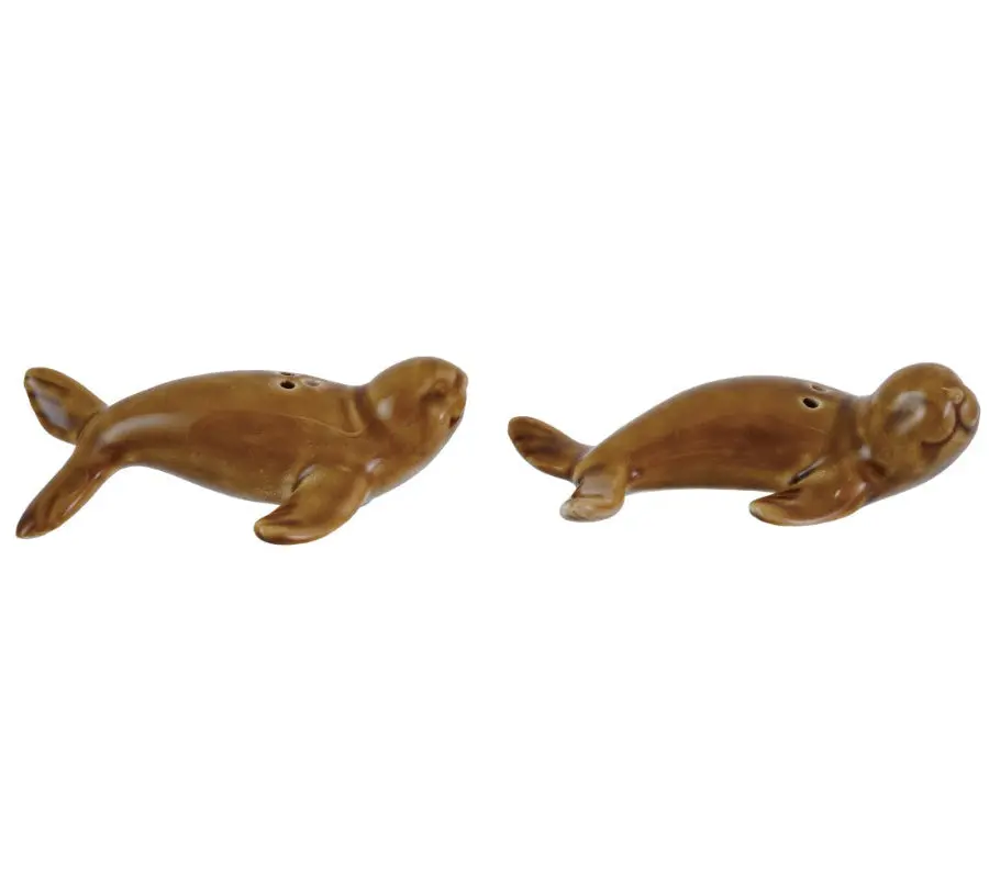 Glazed Brown Stoneware Seal Salt & Pepper Shakers - 2 Pc. 1