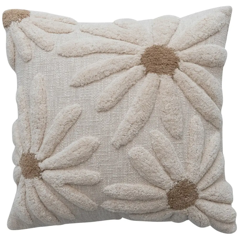 White Cotton Slub Pillow W/ Tufted Daisies - 18" X 18" 1