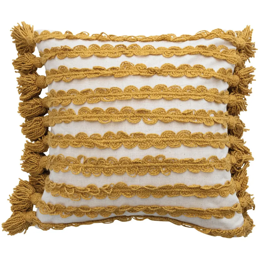 Gold & White Cotton Ric Rac Pillow W/ Tassels - 20" X 20" 1