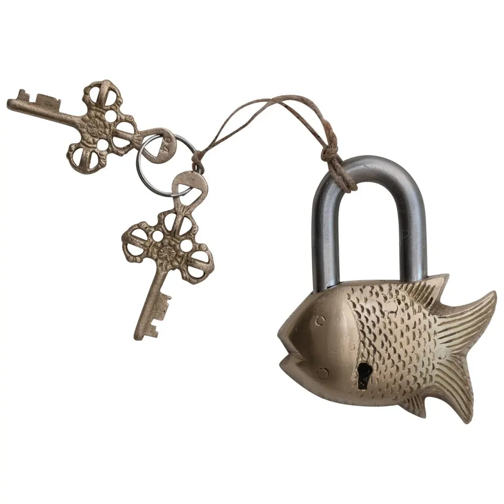 Fish-Shaped Brass Padlock W/ Keys - 3.5" 1