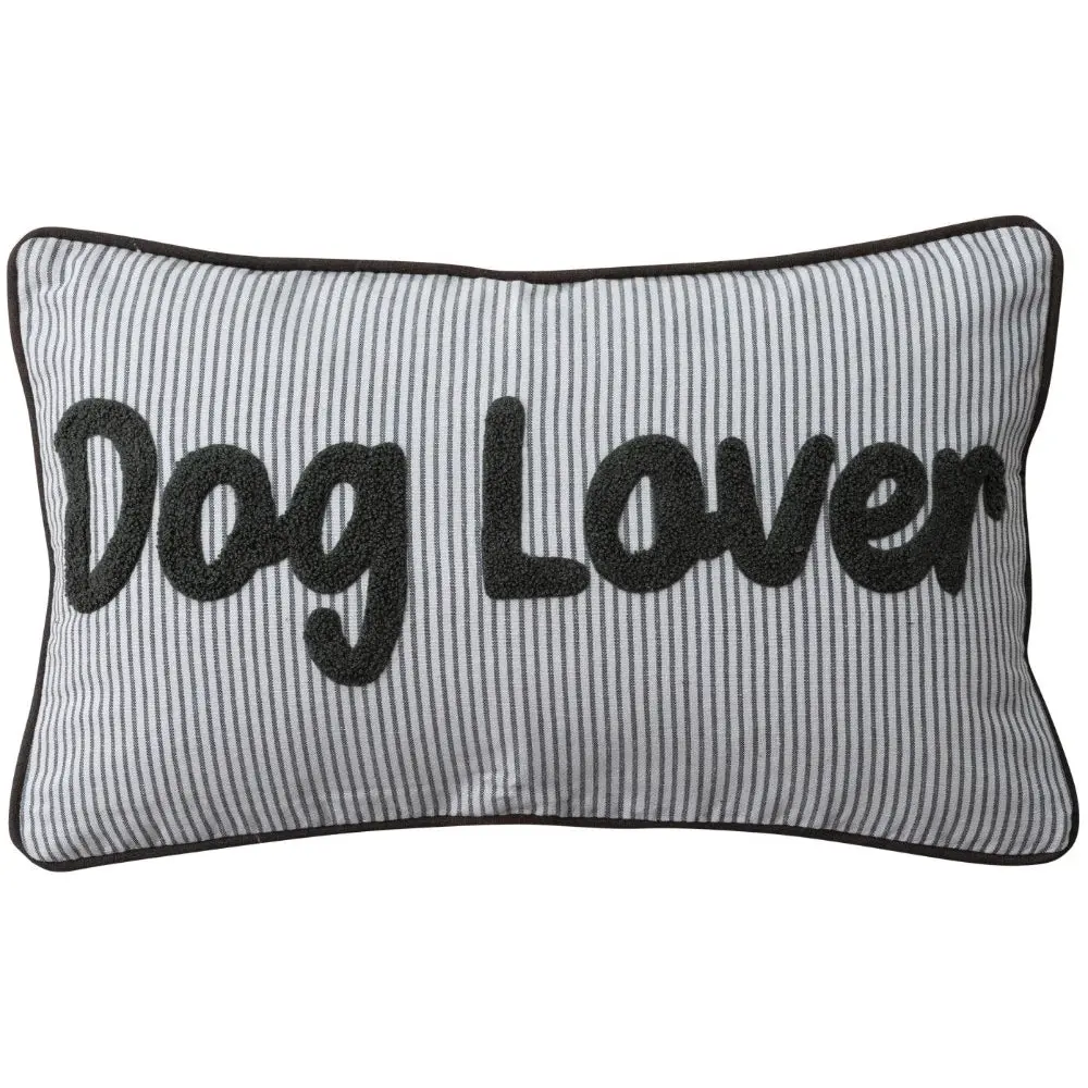 Tufted Cotton "Dog Lover" Embroidered Striped Lumbar Pillow - 12" X 20" 1