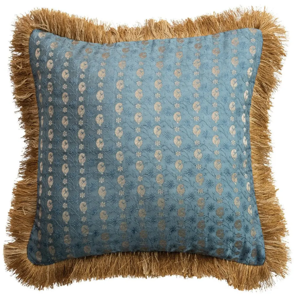 Blended Fabric Blue Jacquard Brocade Frilled Pillow - 16" X 16" 1