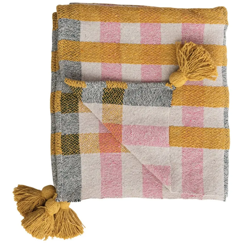 Multicolored Pink & Gold Cotton Jacquard Throw Blanket W/ Tassels - 50" X 60" 1