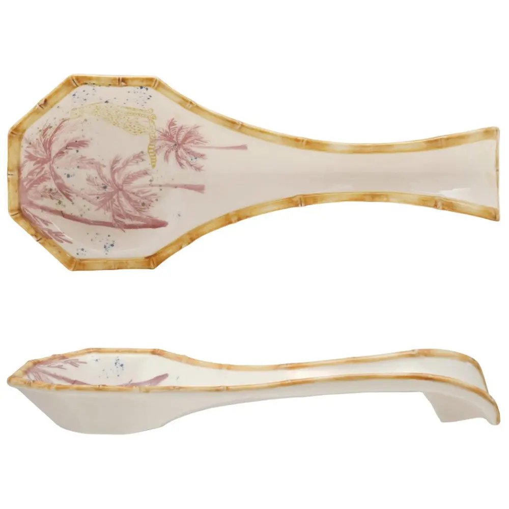 Hand-Painted Palm & Cheetah Stoneware Spoon Rest - 10.5" 1