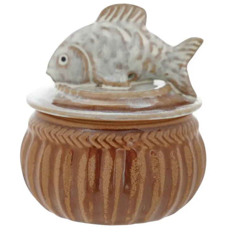 Brown & White Stoneware Salt Cellar W/ Fish Lid - 4" 1