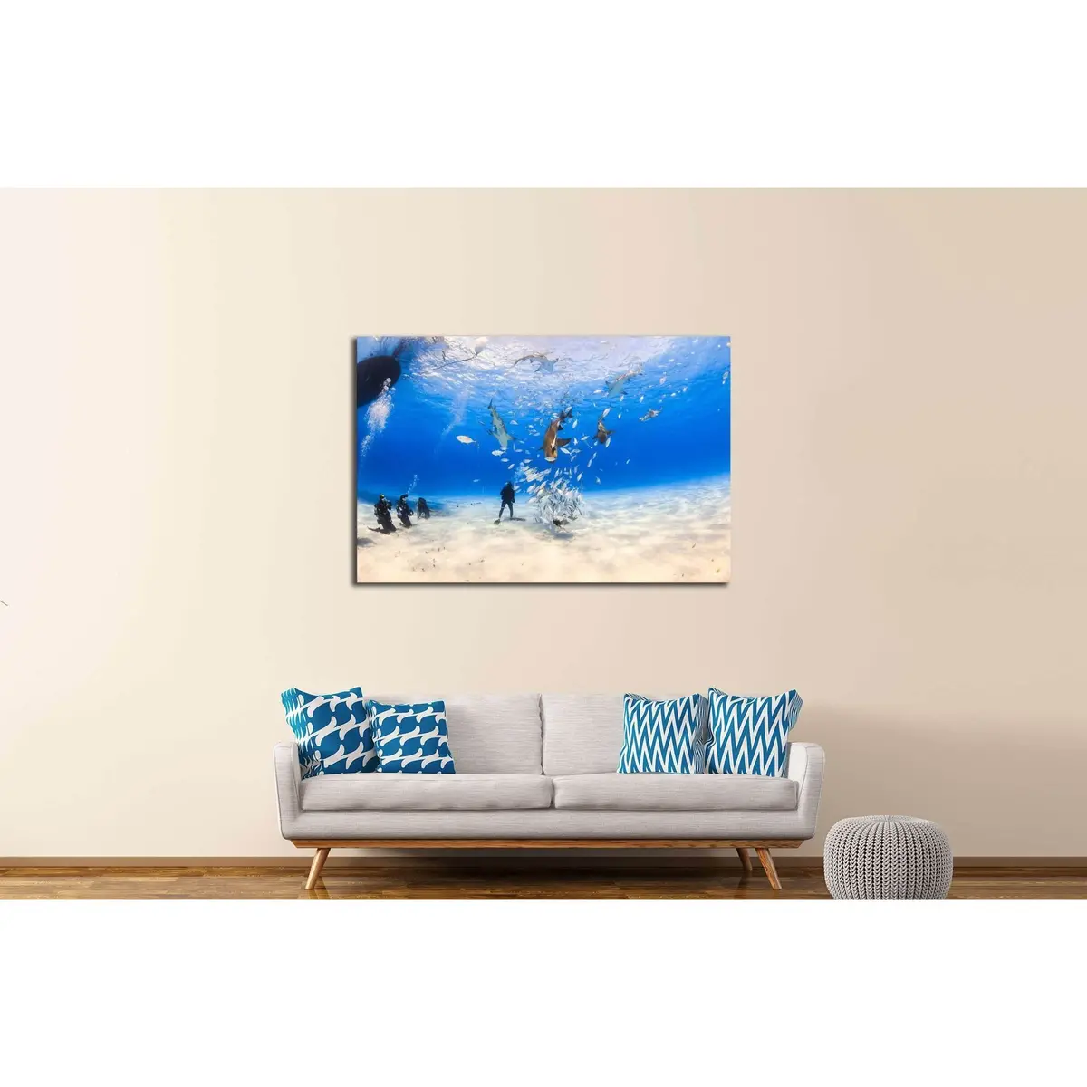 Diver Surrounded By Lemon Shark And Caribbean Reef Shark On Shallow Clear Water At Tiger Beach, Bahamas №2372 Ready To Hang Canvas Print 3