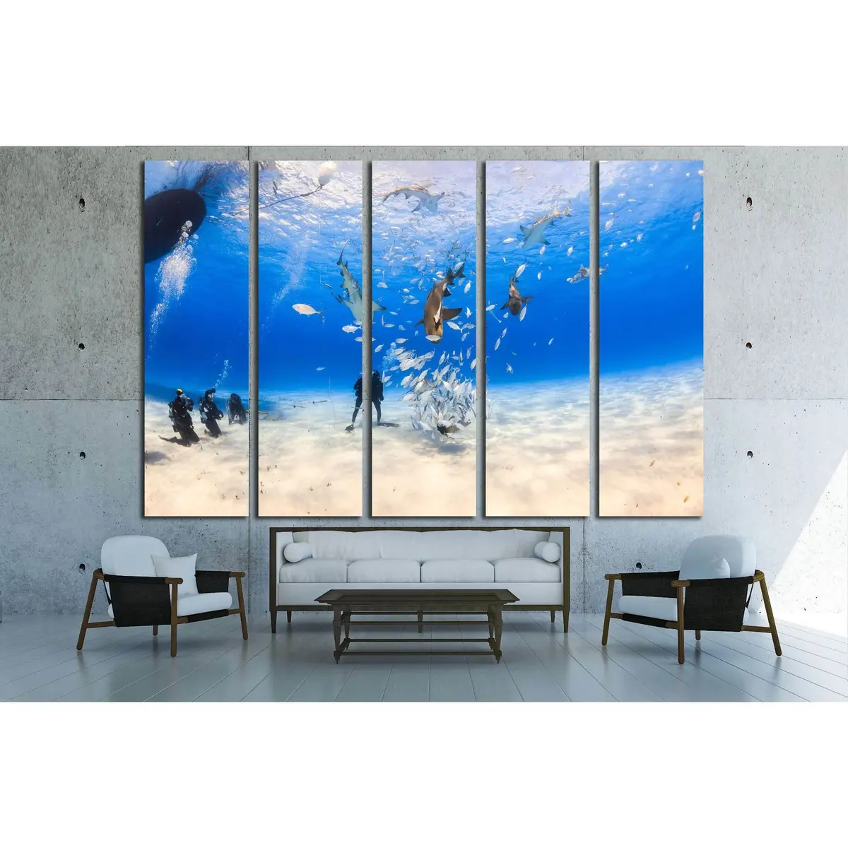 Tiger Beach Shark Diving Canvas Art: Lemon and Caribbean Reef Sharks in Shallow Bahamian Waters - Image 3
