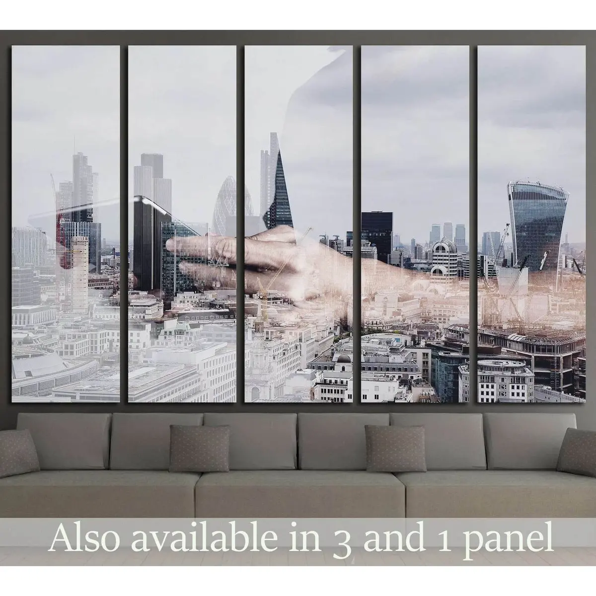 Contemporary Double Exposure Canvas Art: Business Professional with Digital Tablet, London Architecture, and Social Media Visualization