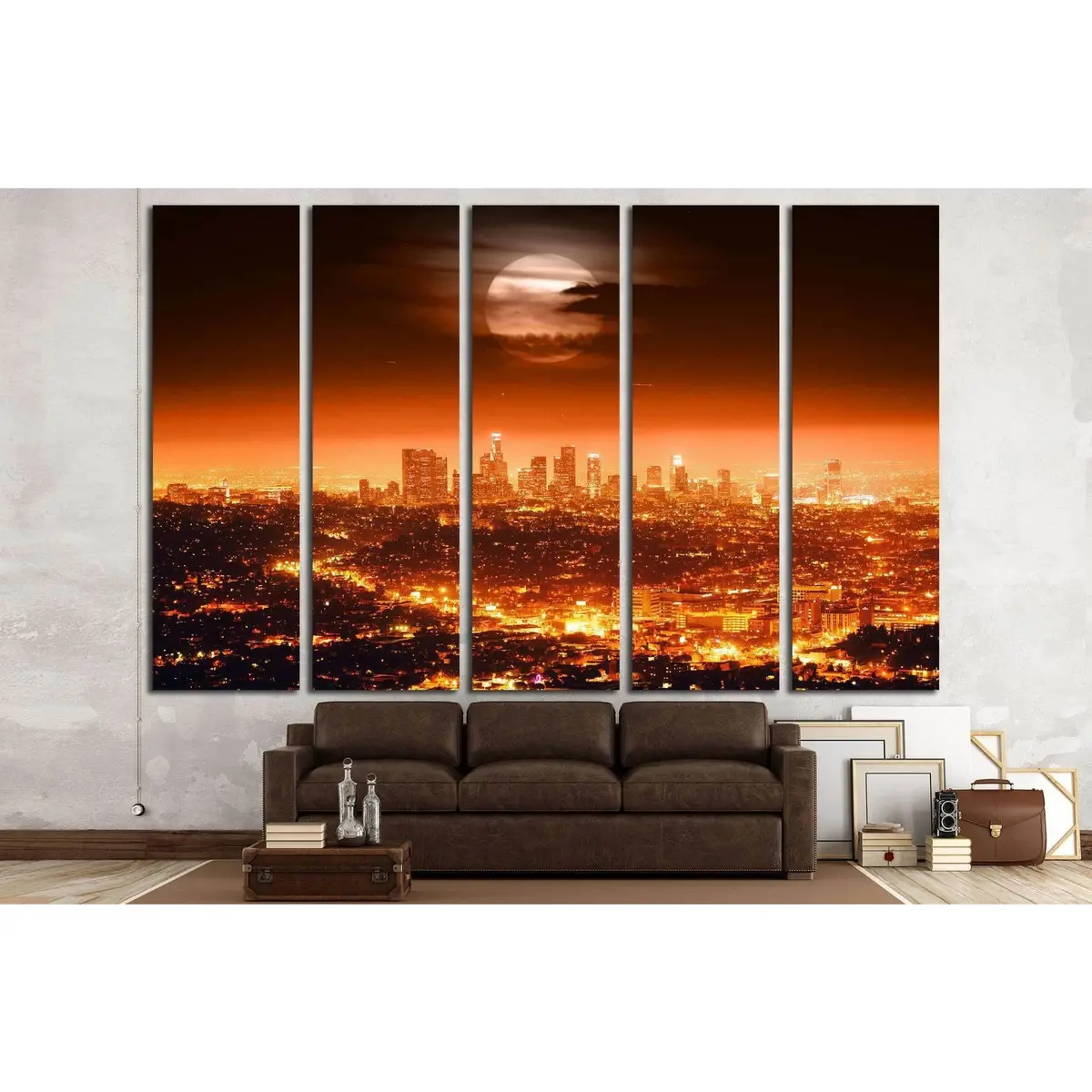 Stunning Full Moon Above Los Angeles Skyline Night Scene Canvas Art №1933 - Image 3