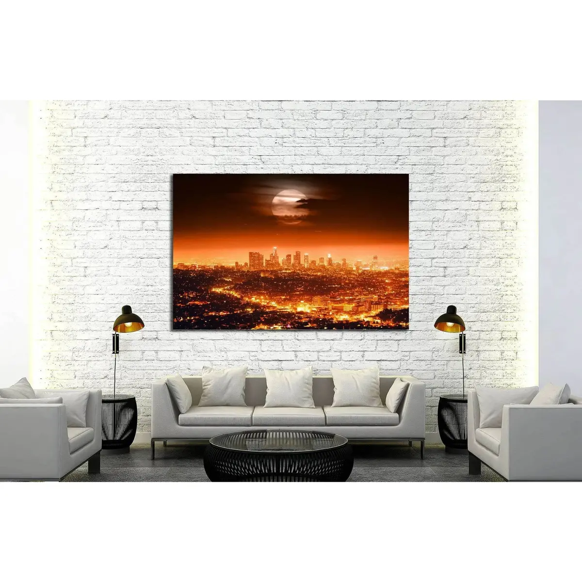 Dramatic Full Moon Over Los Angeles Skyline At Night №1933 Ready To Hang Canvas Print 3