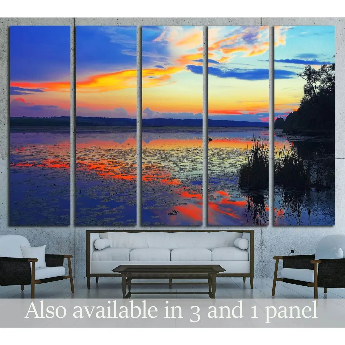Sunset Lake Canvas Art with Water Lilies and Mirror-Like Water Reflection – Ready-to-Hang Wall Decor #3111