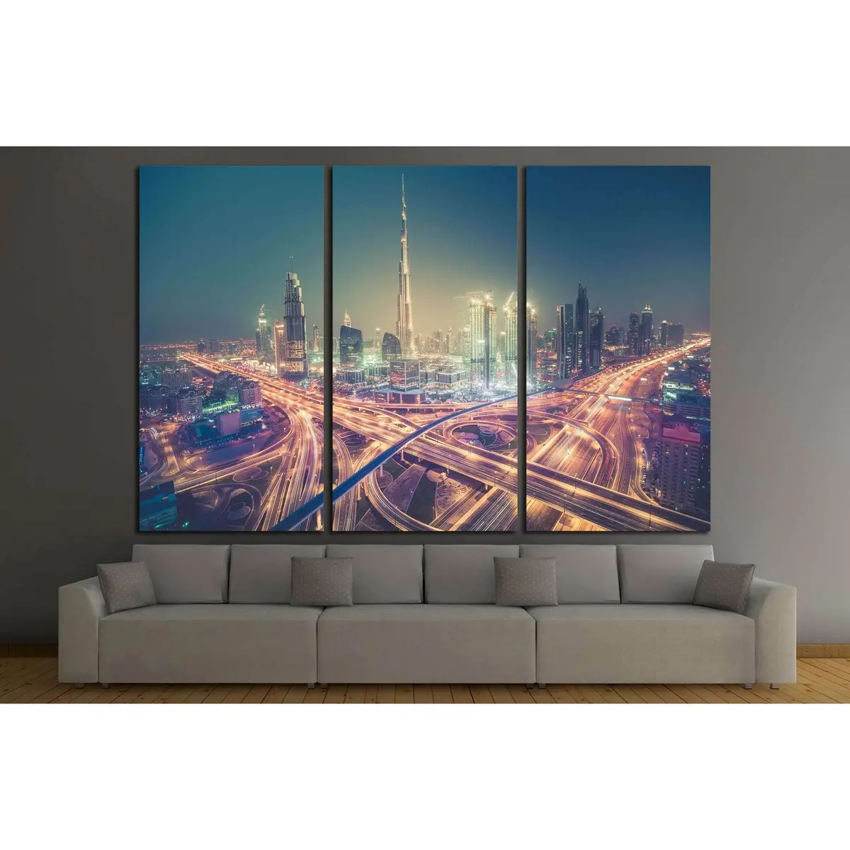 Dubai Skyline At Night With Beautiful City With Lights Close To It's Busiest Highway №2205 Ready To Hang Canvas Print 5
