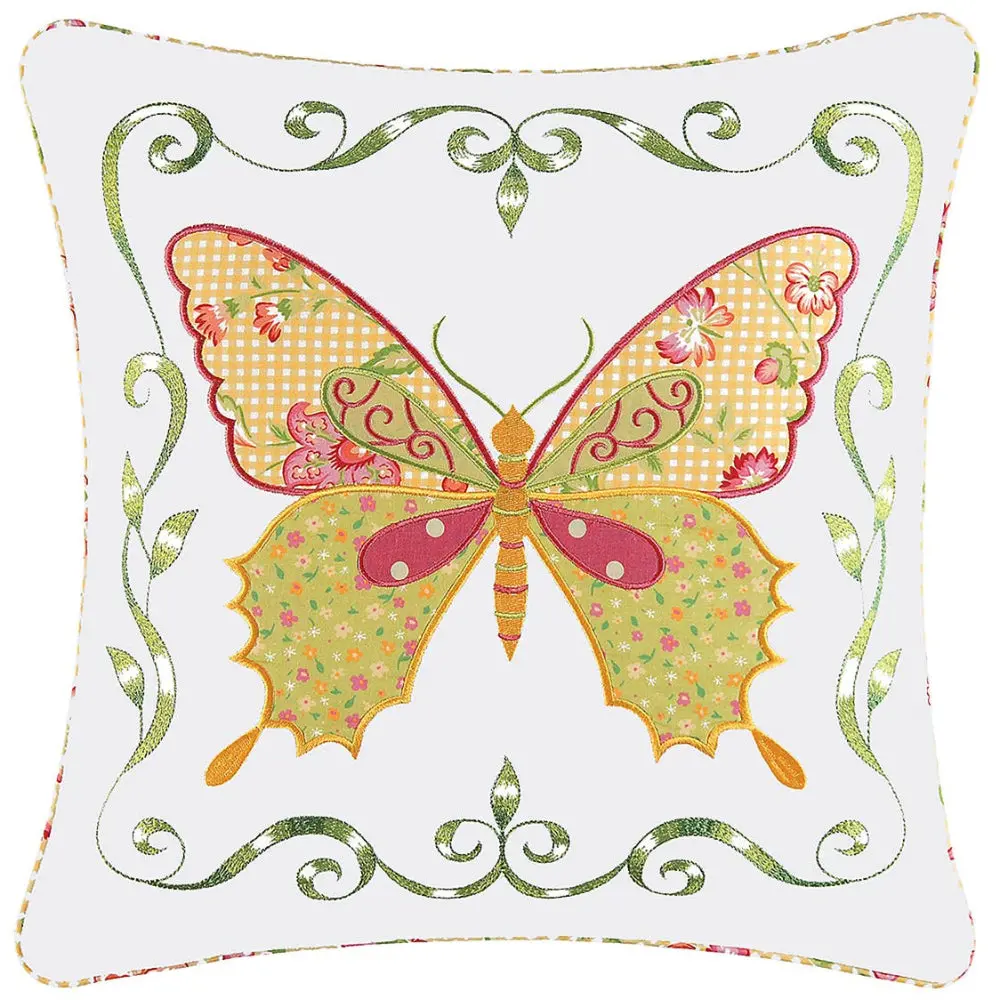 Embellished Pink Floral Butterfly Cotton Throw Pillow - 18" X 18" 1