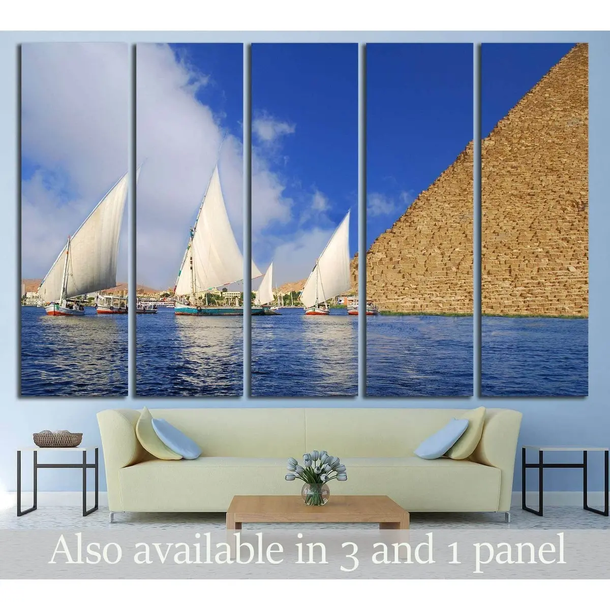 Abstract Egyptian Wall Art: Feluccas on the Nile with Pyramid Fantasy – Ready-to-Hang Canvas Print