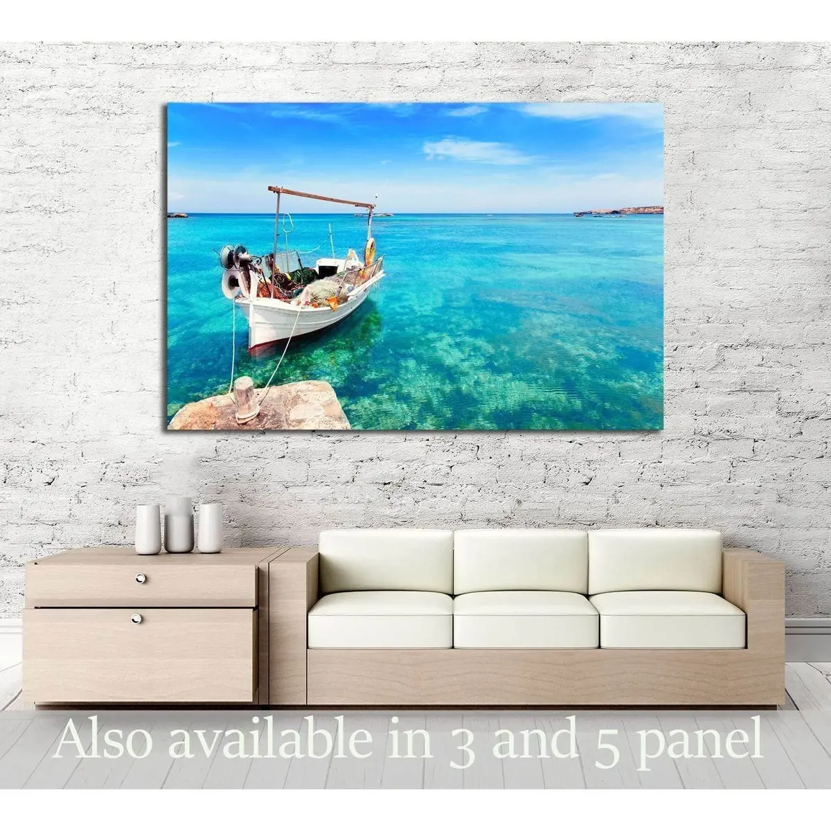 Els Pujols Beach In Formentera With Traditional Fishing Boat In Summer Day №2509 Ready To Hang Canvas Print 1