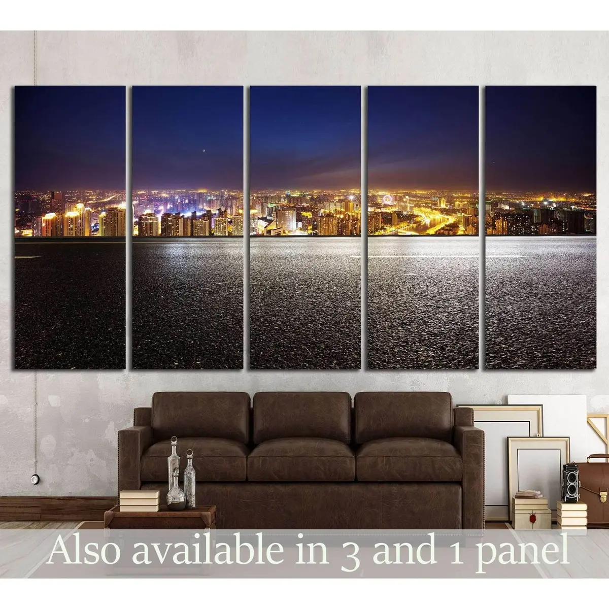 Nighttime Asphalt Road and Contemporary City Skyline Canvas Wall Art №1433