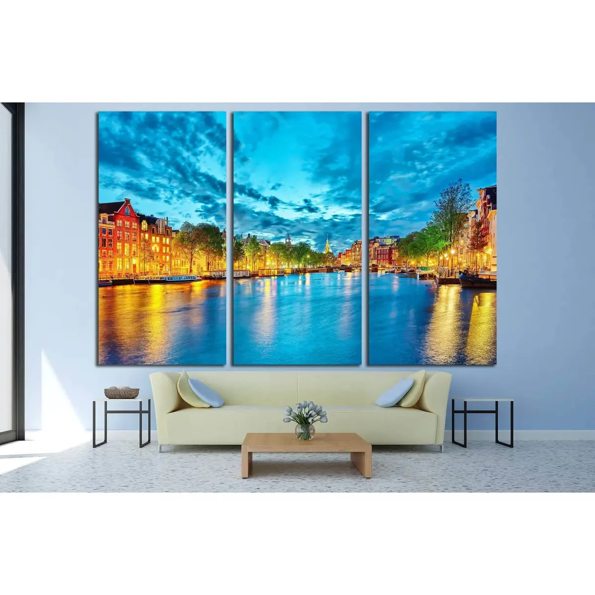 Famous Amstel River And Night View Of Beautiful Amsterdam City. Netherlands №3031 Ready To Hang Canvas Print 5