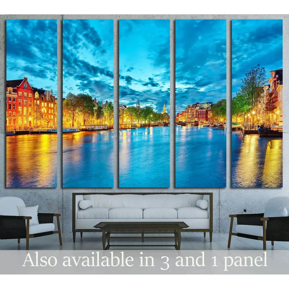 Stunning Amsterdam cityscape canvas print showcasing the illuminated Amstel River at night — ready-to-hang wall art