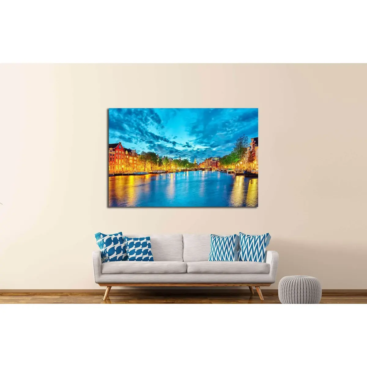 Famous Amstel River And Night View Of Beautiful Amsterdam City. Netherlands №3031 Ready To Hang Canvas Print 3