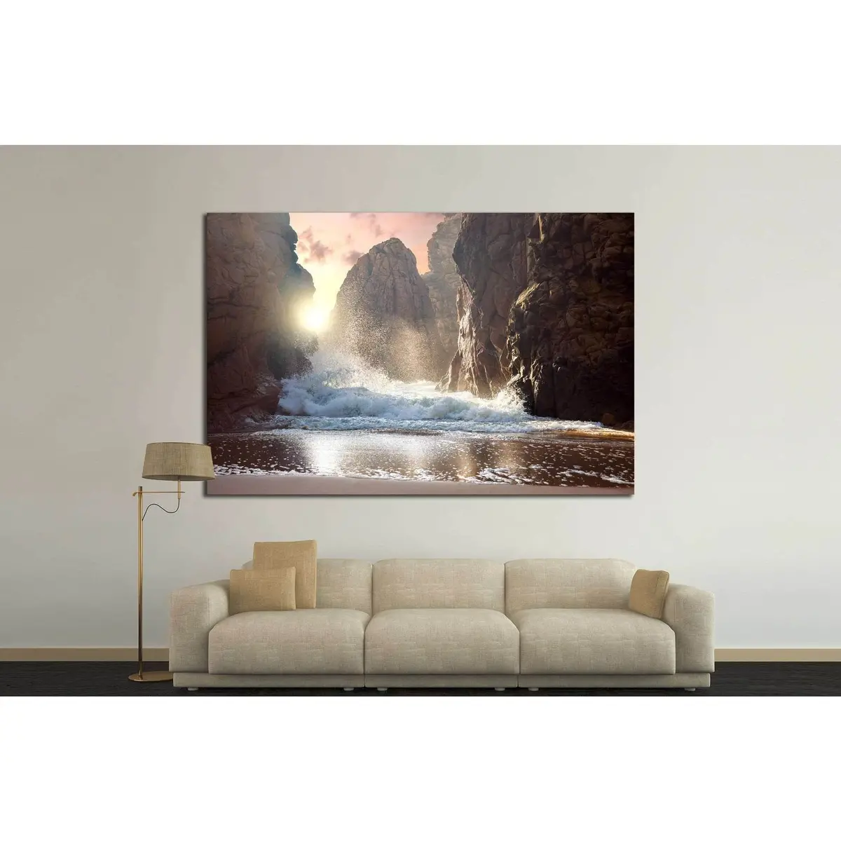 Fantastic Big Rocks And Ocean Waves At Sundown Time №1400 Ready To Hang Canvas Print 3
