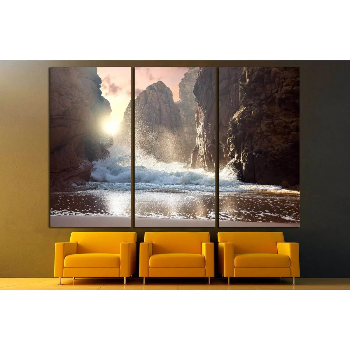 Fantastic Big Rocks And Ocean Waves At Sundown Time №1400 Ready To Hang Canvas Print 5