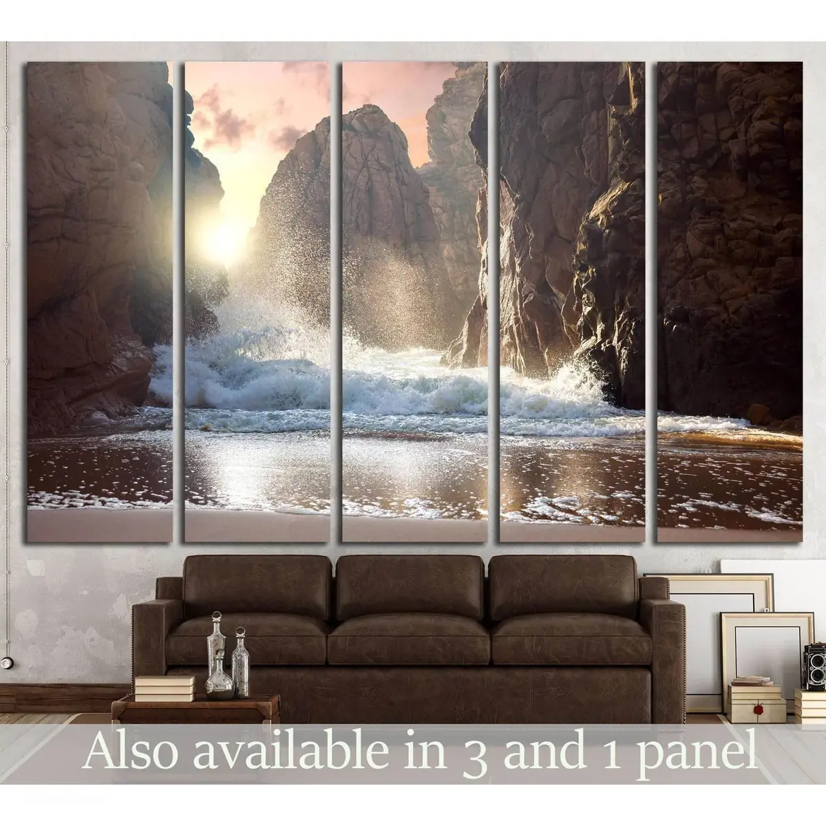 Sundown Ocean Scene Featuring Dramatic Rock Formations – Ready-to-Hang Canvas Wall Art #1400