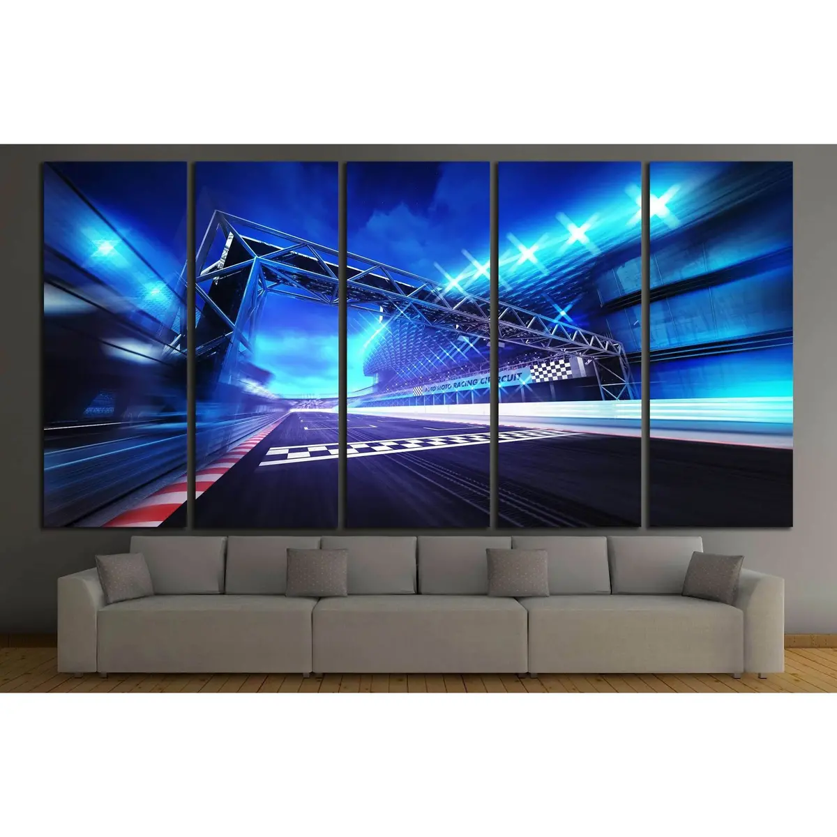 Racetrack Finish Gate Canvas Print with Stadium Spotlights and Dynamic Motion Blur – Ready to Hang Artwork #3285 - Image 3