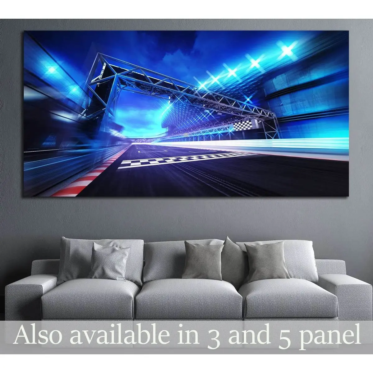 Finish Gate On Racetrack Stadium And Spotlights In Motion Blur №3285 Ready To Hang Canvas Print 1