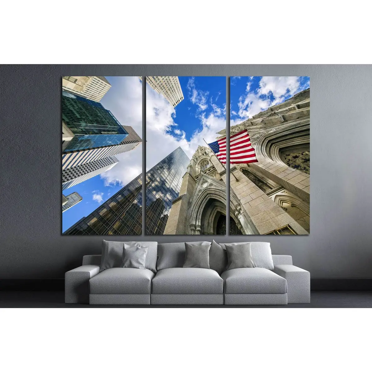 Flag Usa On St Patrick's Cathedral, Midtown Skyscrapers, Manhattan, New York №1296 Ready To Hang Canvas Print 5