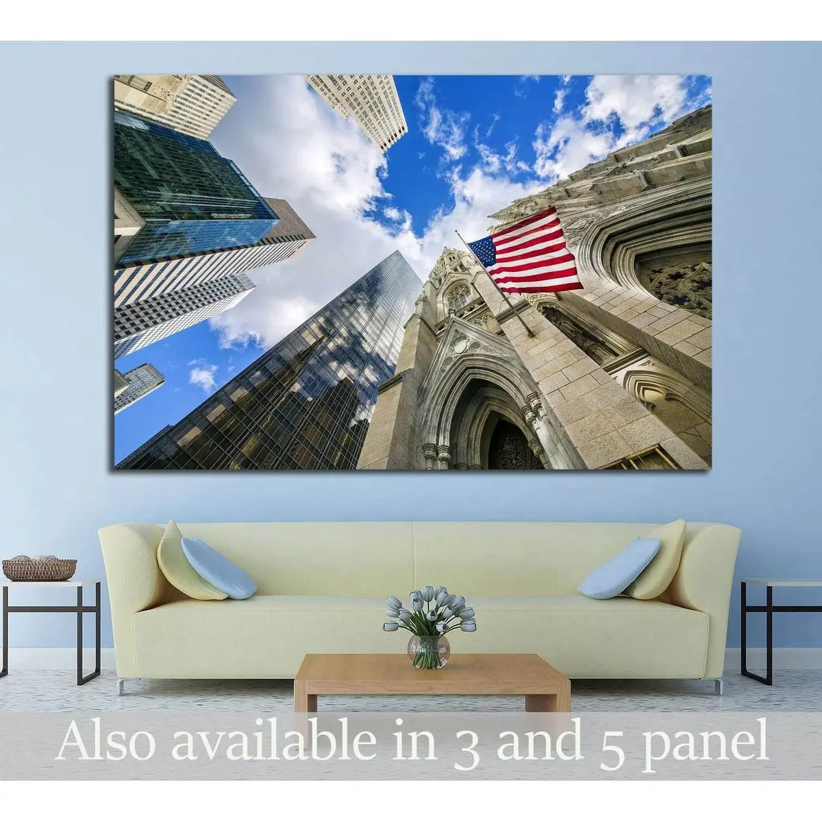 Flag Usa On St Patrick's Cathedral, Midtown Skyscrapers, Manhattan, New York №1296 Ready To Hang Canvas Print 1