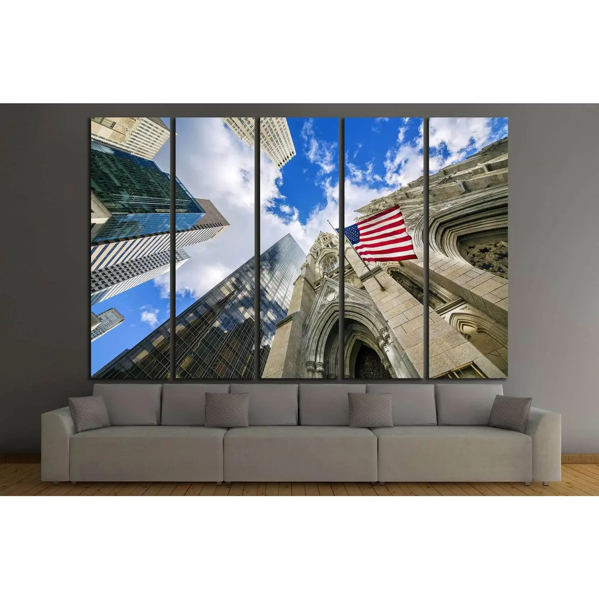 USA Flag at St. Patrick's Cathedral with Manhattan Skyline Canvas Wall Art Print #1296 - Image 2