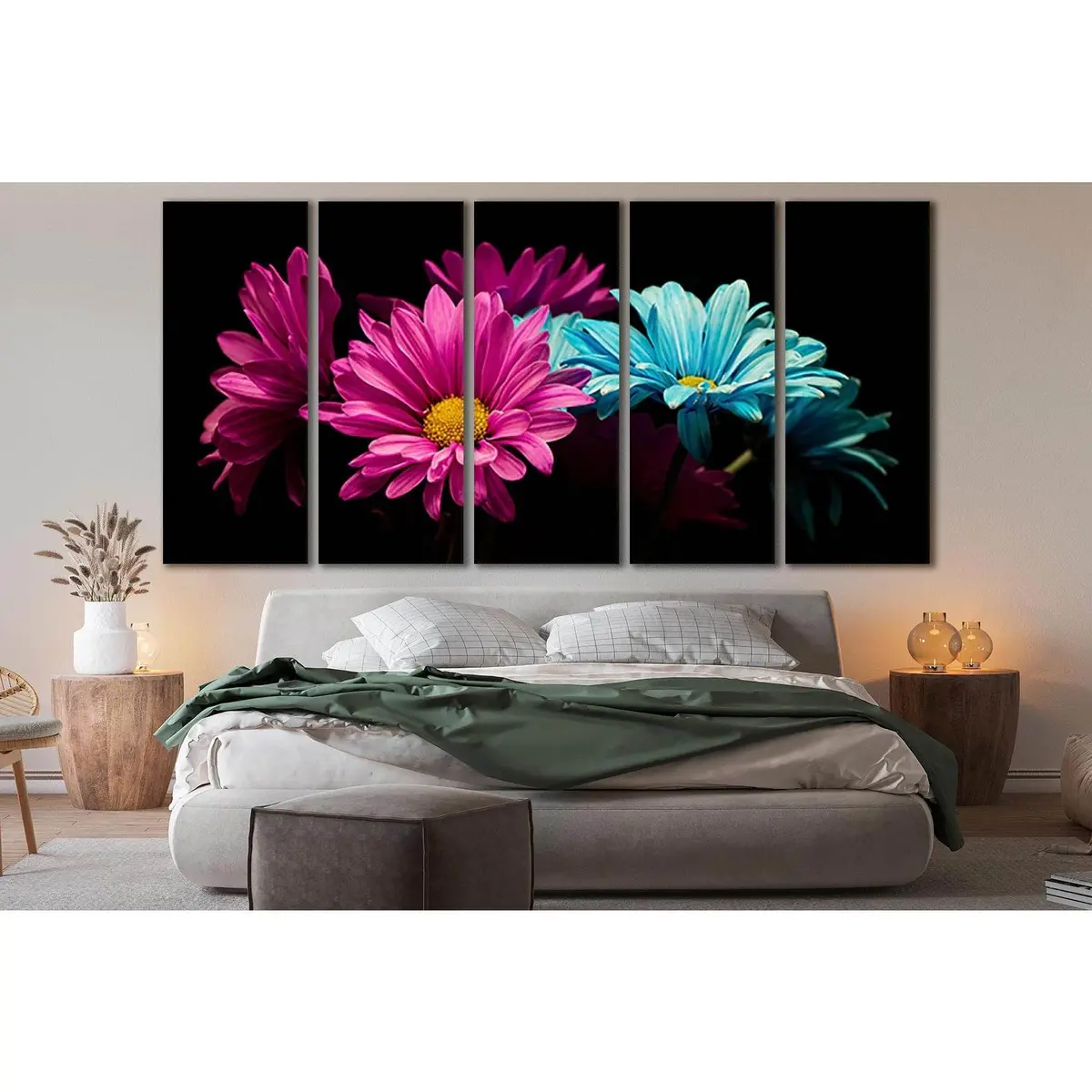 Botanical Floral Canvas Wall Art – Ready-to-Hang Print on Black Background (SL685)