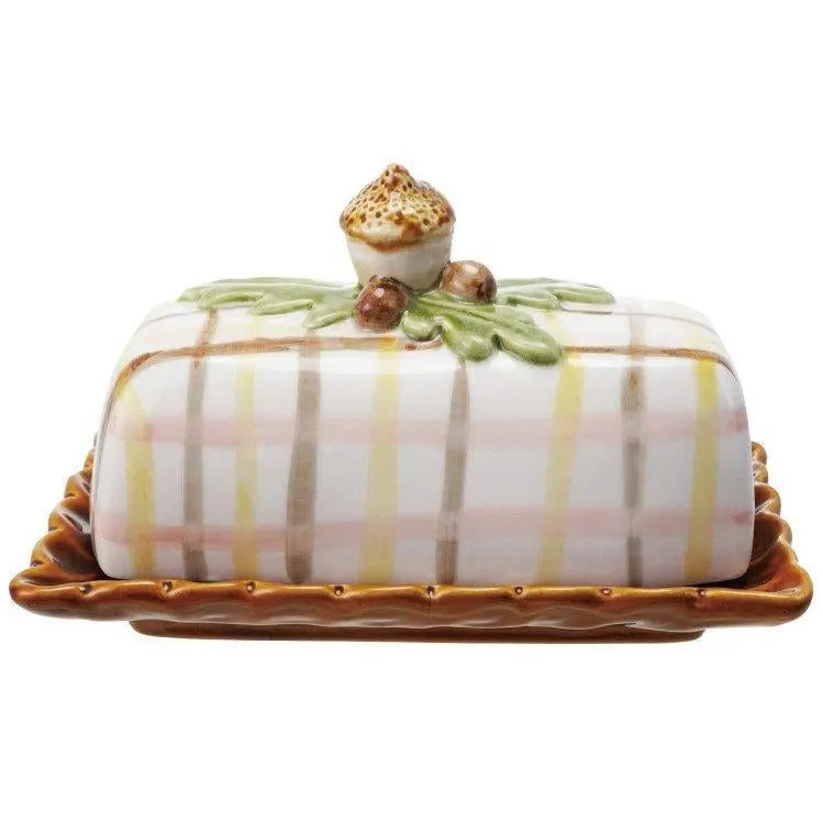Hand-Painted Glazed Stoneware Acorn Butter Dish - 4.5" X 7.75" 1