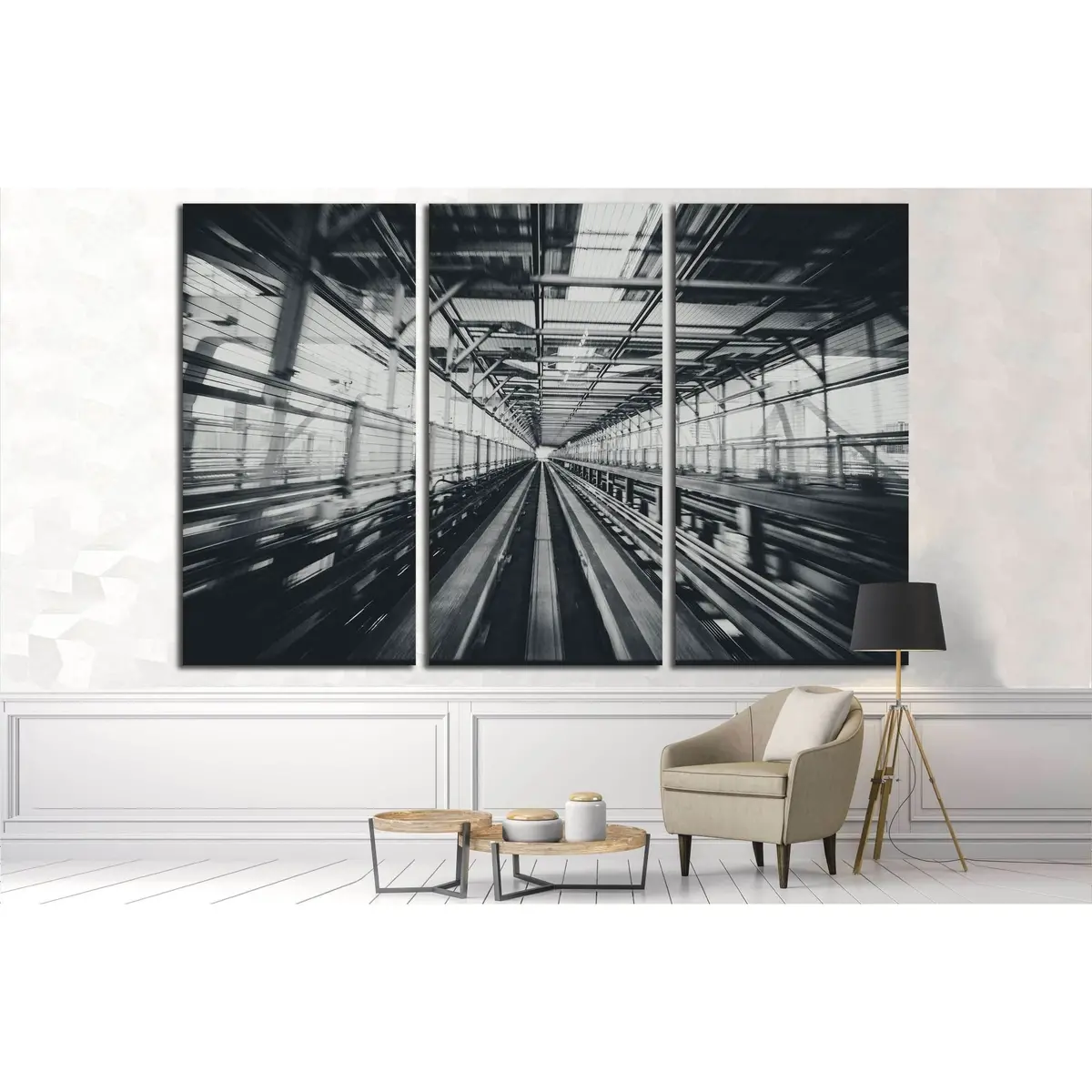 Front View Of Train Moving In City Rail Tunnel With Moderate Motion Blur In Black And White Filter №2874 Ready To Hang Canvas Print 5