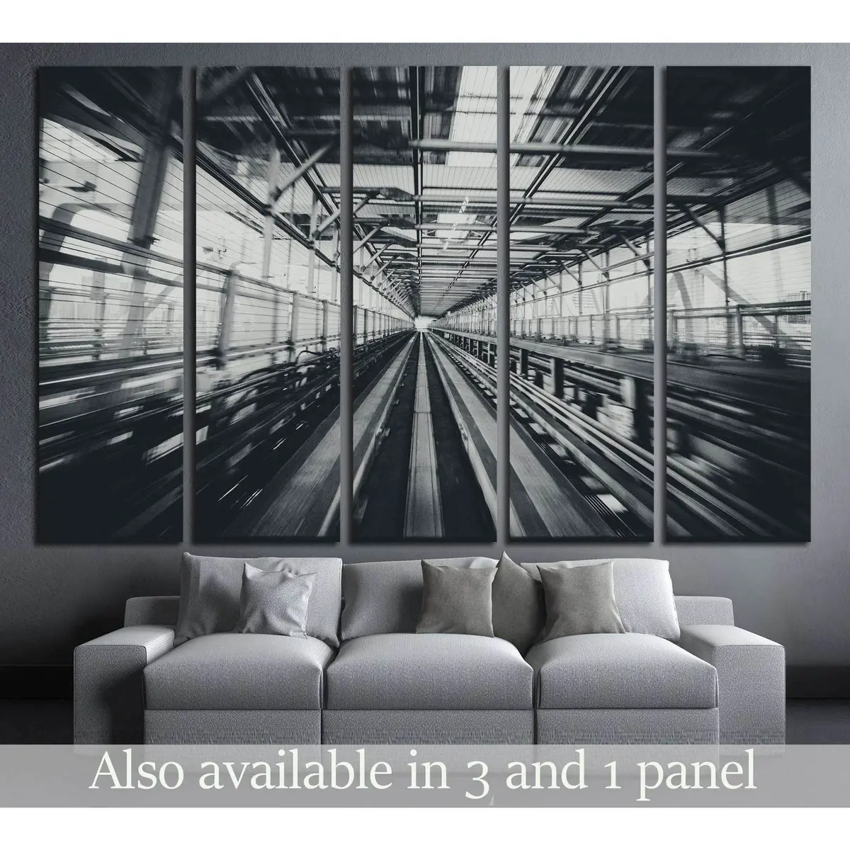 Black and White Train Front View in Urban Rail Tunnel – Motion-Blurred Canvas Wall Art Ready to Hang