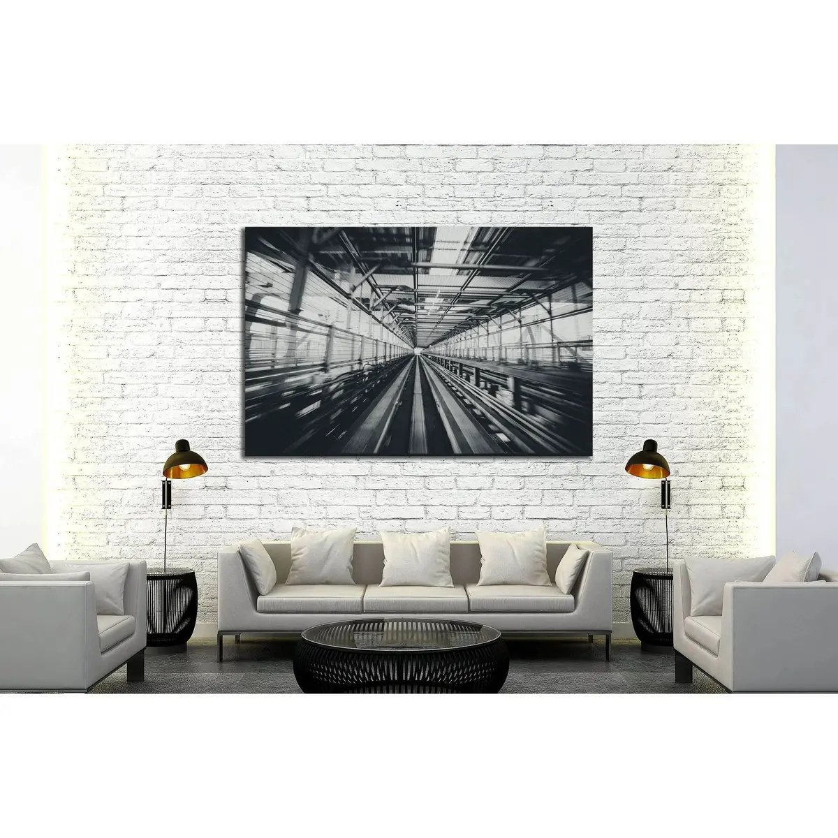 Front View Of Train Moving In City Rail Tunnel With Moderate Motion Blur In Black And White Filter №2874 Ready To Hang Canvas Print 3