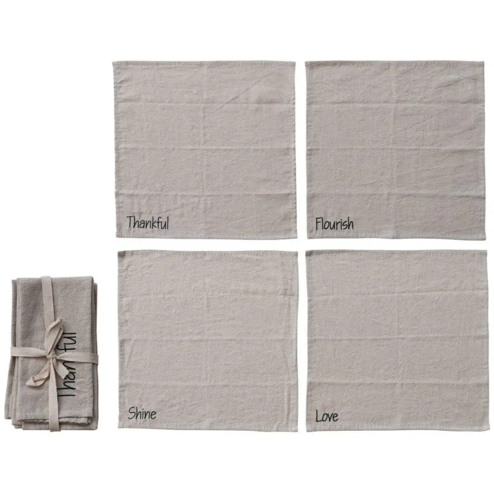 Embroidered Natural Cotton Linen Thankful Napkins - 4 Pc. 1