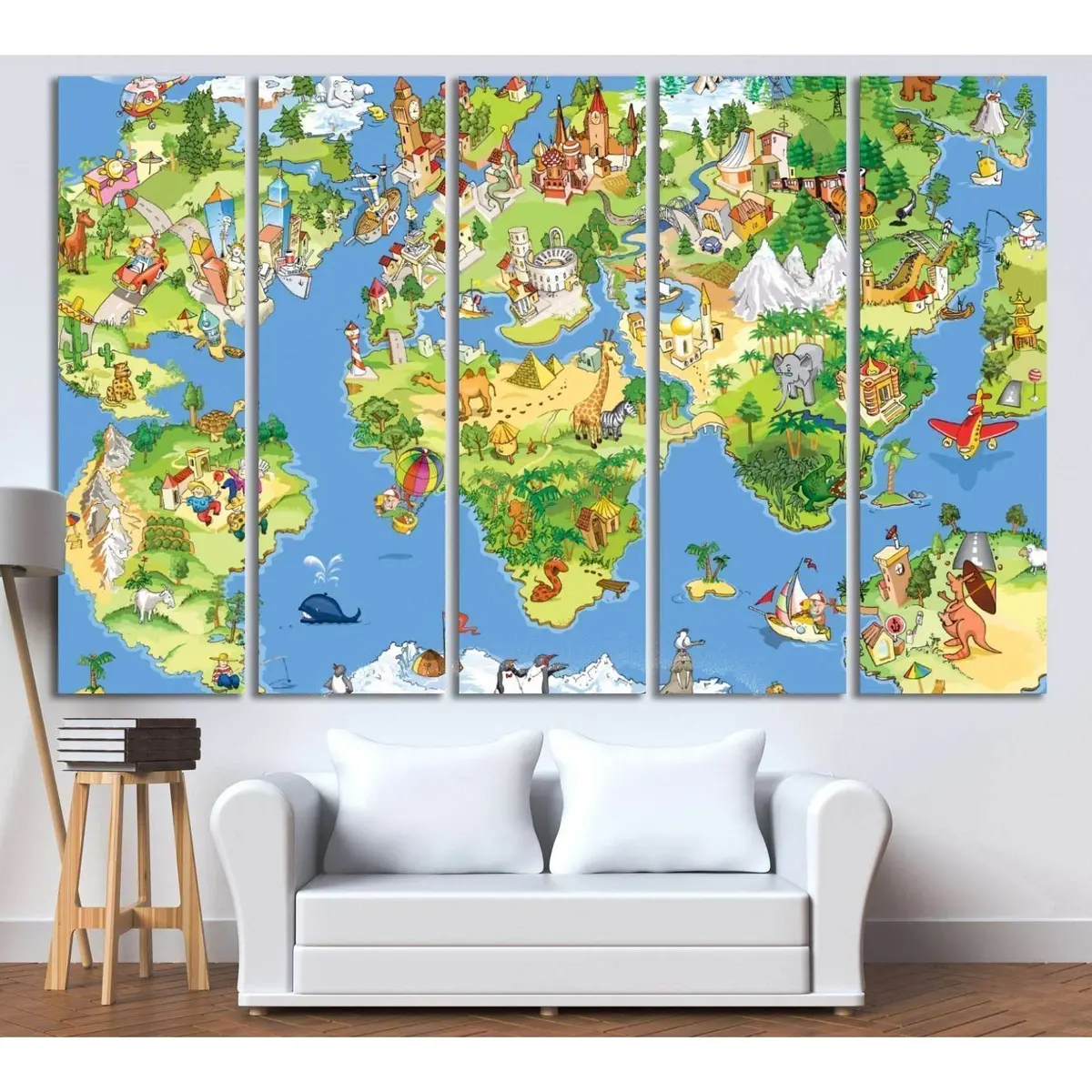 Whimsical Cartoon World Map Canvas Art Print for Children's Room №795